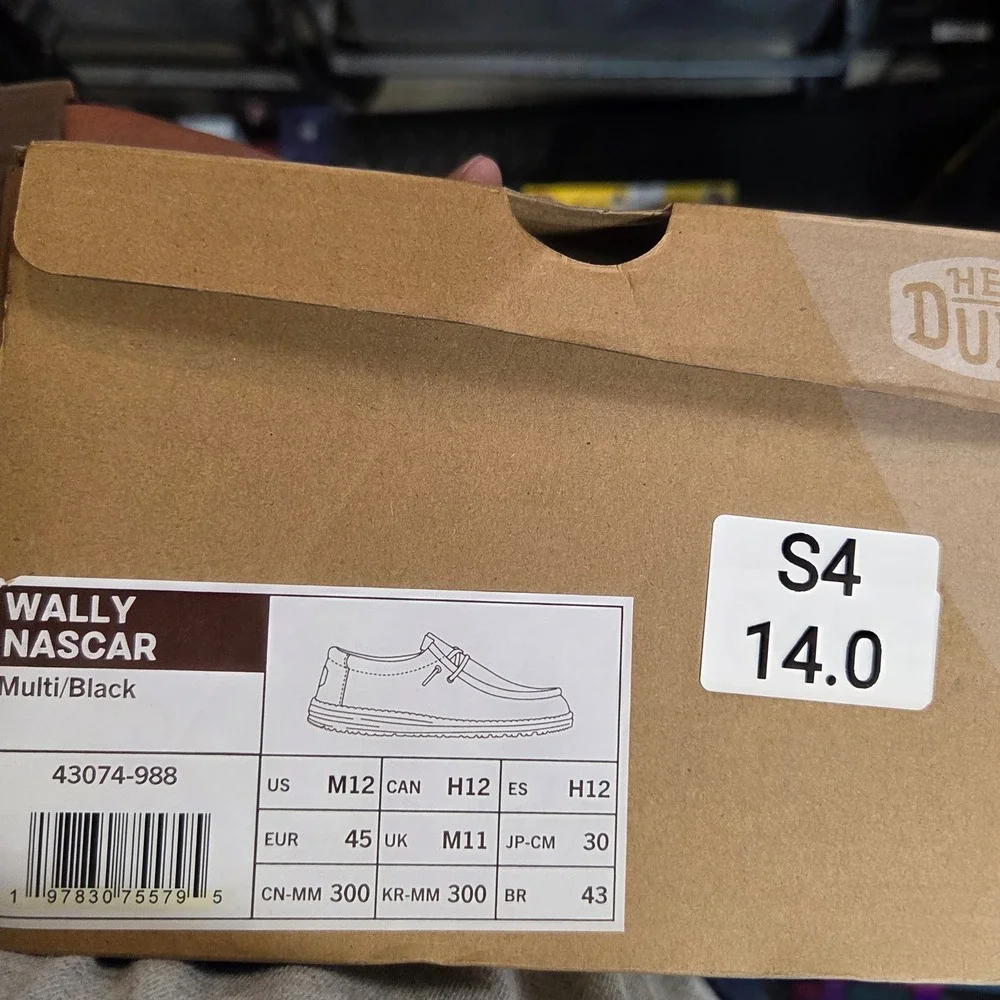 Hey Dude Wally NASCAR Shoes Mens Size 12 Black Ripstop Slip On‎ Loafers NWT